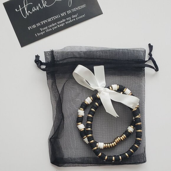 Handmade Black, White & Gold Heishi Bead Bracelet Set – Stackable Polymer Clay S - Picture 3 of 4